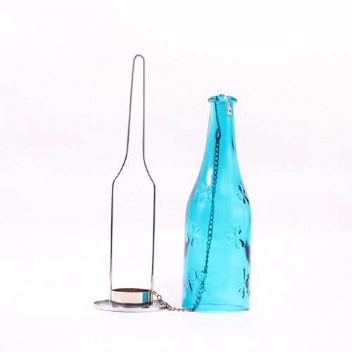 Blue Glass Hanging Bottle Tea-light Holder For Home & Office Decor