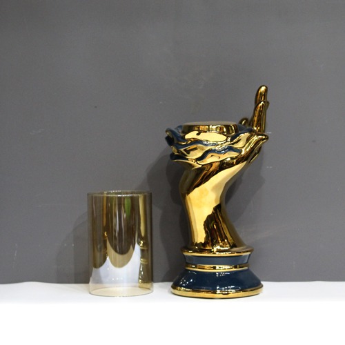 Hand Shaped Candlestick Golden Candle Holder | Gold Glass Candle Stand For Home Decoration