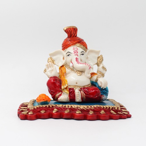Orange Feta Lord  Ganesh Sitting on Aasan Idol For Home Decor