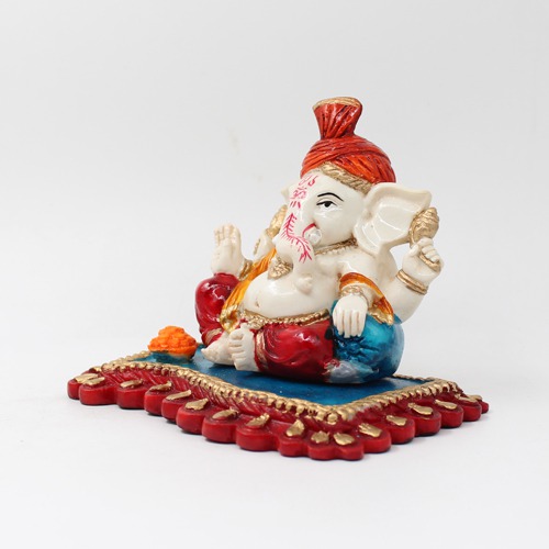 Orange Feta Lord  Ganesh Sitting on Aasan Idol For Home Decor
