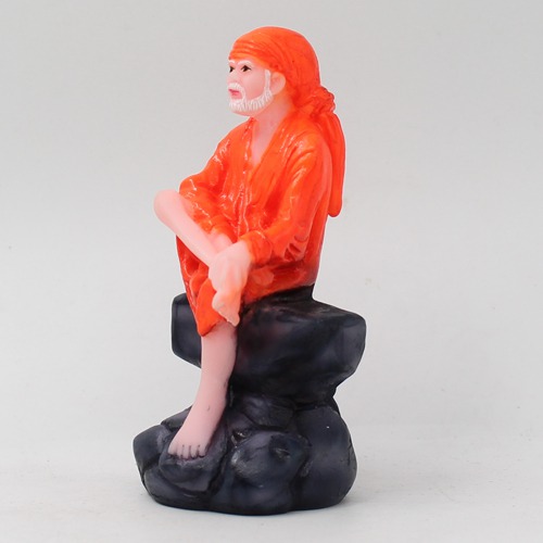 Small Orange Sai Baba Sitting On Stone Fiber Sai Baba, Orange Colour, Fiber Idol, Medium Size 3.5