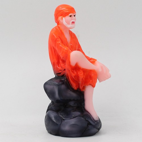 Small Orange Sai Baba Sitting On Stone Fiber Sai Baba, Orange Colour, Fiber Idol, Medium Size 3.5
