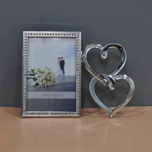Silver 2 Heart Romantic Heart Table Top  Photo Frame( Photo Size : 6 x 4 inches)