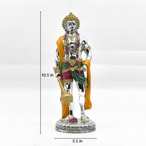 Silver Coated Hanuman Ji Standing Idol Bajrangbali Sankat Mochan Bhagwan Idol for Temple car Dashboard Home Decor Statue Gift