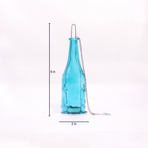 Blue Glass Hanging Bottle Tea-light Holder For Home & Office Decor