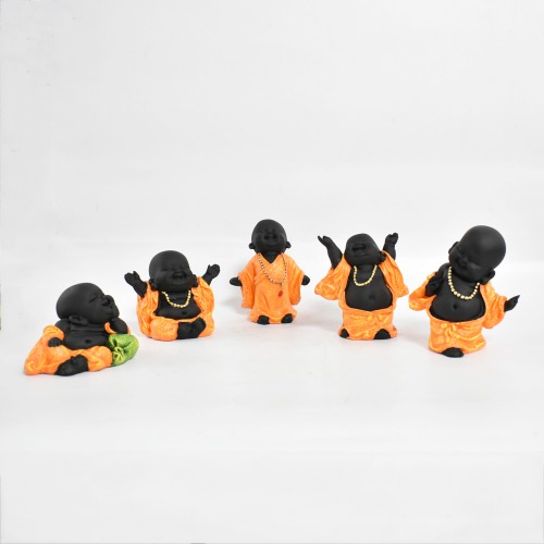 Small Monk Laughing Buddha Set Of 5 | Miniature Buddha Monk Statue Figurines Showpiece