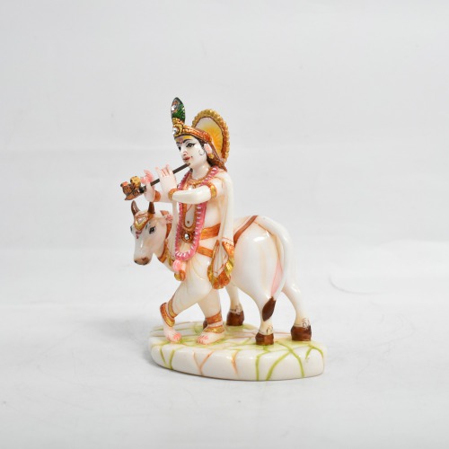 Small Murti Cow With Krishna Statue | Krishna Murti Multi colour-Idol for Temple Decor |Decor Your Home