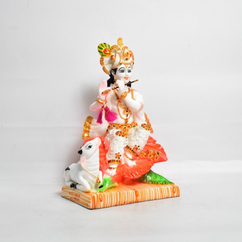 Krishna Sitting On Hibiscus With Cow Statue | Multi colour-Idol for Temple Decor |Decor Your Home