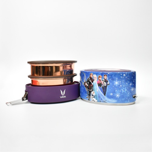 Vaya Tiffin Disney Frozen Copper-Finished Stainless Steel Lunch Box for Kids with Bagmat, 600 ml, 2 Containers, Blue