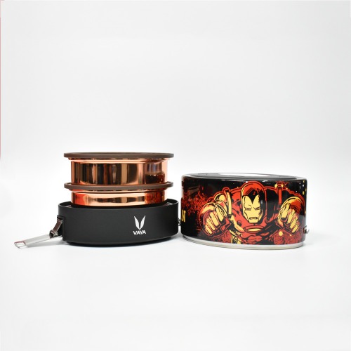 Vaya Tiffin Iron Man Copper-Finished Stainless Steel Lunch Box for Kids with Bagmat, 600 ml, 2 Containers, Black