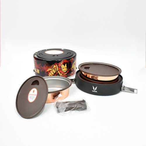 Vaya Tiffin Iron Man Copper-Finished Stainless Steel Lunch Box for Kids with Bagmat, 600 ml, 2 Containers, Black