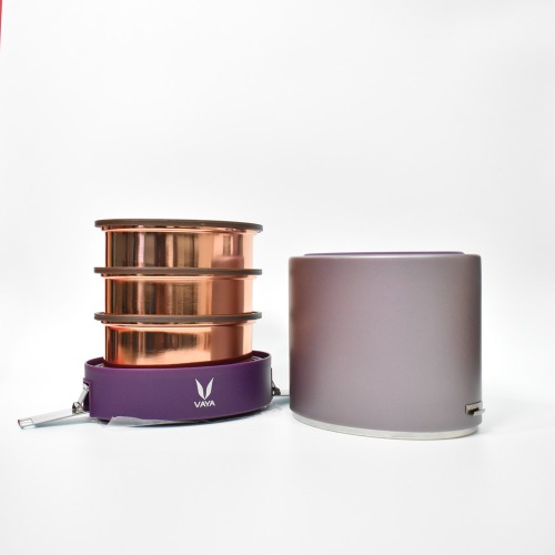 Vaya Tiffin Purple Copper-Finished Stainless Steel Lunch Box Without Bagmat, 1000 ml, 3 Containers, Purple