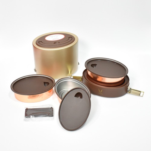 Vaya Tyffyn 1000 ml Copper-Finished Stainless Steel Lunch Box with Bagmat, 3 Containers, Gold