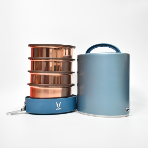 Vaya Tiffin Jumbo Blue Polished Stainless Steel Lunch Box Without Bagmat, 1300 ml, 4 Containers, Blue