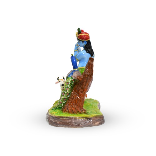 Fiber Krishna Sitting On Tree Trunk With Cow And Peacock Playing Flute | Home Decor | Showpiece