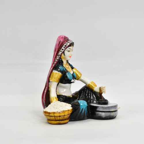 Rajasthani Lady Using Flour Machine Polyresin Statue