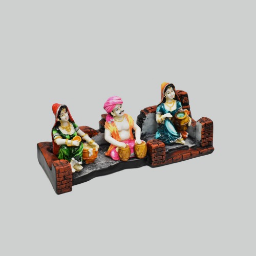 Polyresine Set of 3 Rajasthani Men With Table And Women With Makta Statue | Showpiece For Home Decor