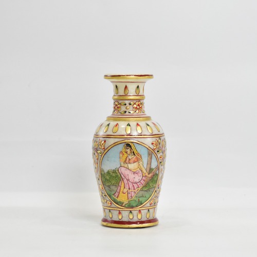 Designer Decorative Marble Flower Vase | Round Shape Beautiful Unique Meenakari Work Showpiece Vases