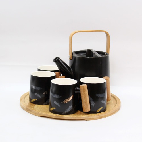 Wooden Based Black Colour Tea And Kettle Set | Finest Ceramic Tea | Coffee Cup Set And Kettle And Tray