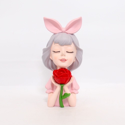 Pink Little Girl With Red Rose Showpiece | Statue Figurines for Home Decor Outdoor Entrance Living Room Decoration