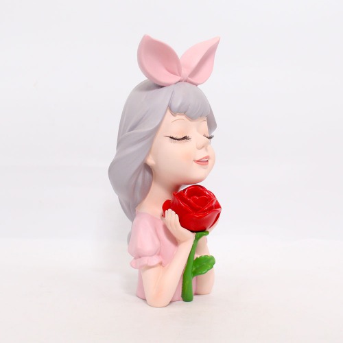 Pink Little Girl With Red Rose Showpiece | Statue Figurines for Home Decor Outdoor Entrance Living Room Decoration