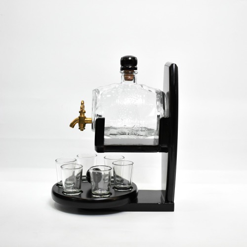 Set of Glass Barrel Decanter, 400 ml and 6 Shot Glasses, 30 ml Each with Wooden Stand and Rotating
