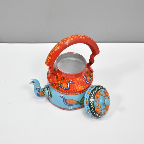 Traditional Hand-Painted Peacock Design Colourful Decorative Tea Kettle Pot Showpiece For Home Decoration