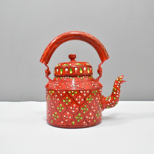 Traditional Hand-Painted Design Red Flower Colourful Decorative Tea Kettle Pot Showpiece For Home Decoration