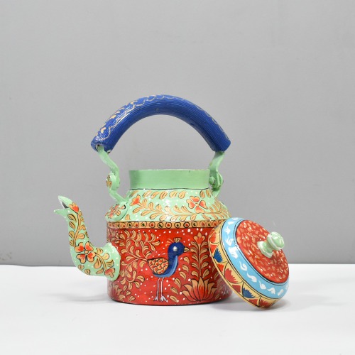 Traditional Hand-Painted Design Red And Green Colourful Decorative Tea Kettle Pot Showpiece For Home Decoration