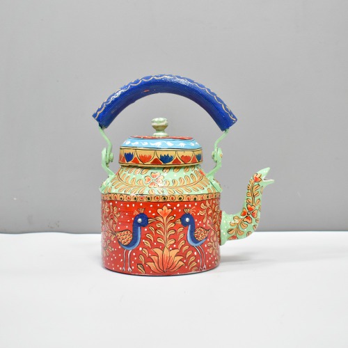 Traditional Hand-Painted Design Red And Green Colourful Decorative Tea Kettle Pot Showpiece For Home Decoration