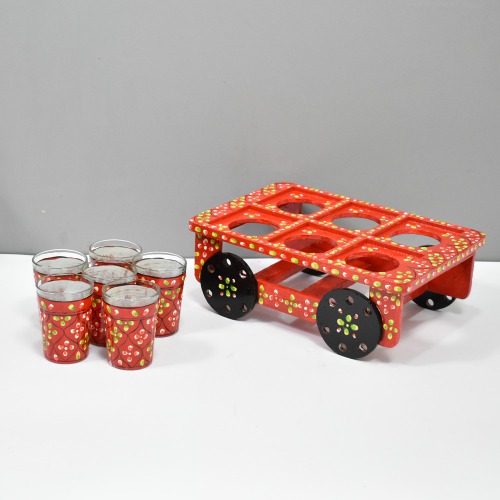 Royale Glass Holder Tray Handicraft Red Decorative Tray And Glass | Traditional Hand-Painted Tray Showpiece