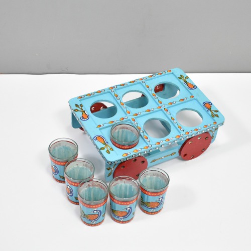 Traditional Hand-Painted Design Blue Colourful Decorative Tea Glass And Tray Showpiece