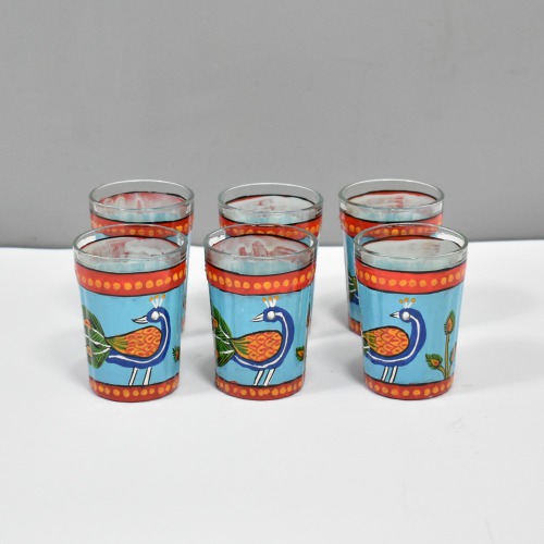 Traditional Hand-Painted Design Blue Colourful Decorative Tea Glass And Tray Showpiece