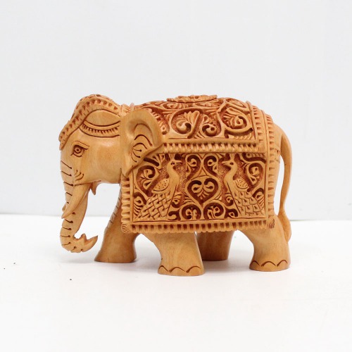 Wood Elephant Down Trunk Statue Peacock Design Carving Figurine Showpiece Gifts For Home Decor | Decor | Office Decor