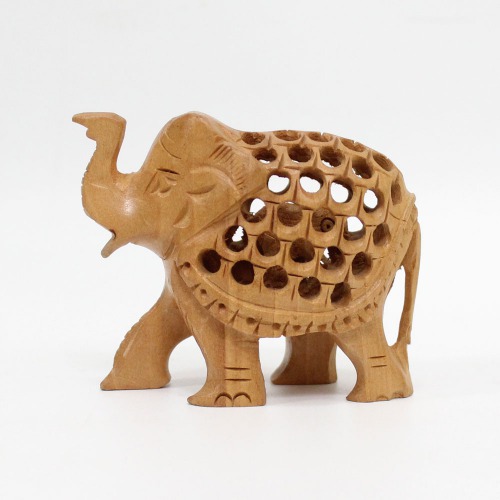 Handicrafts Wooden Jaali Carved Elephant Statue Figure Showpiece for Home Decor (Brown)