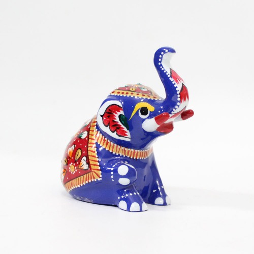 Sitting Elephant Statue Handpainted Animal Figurine Metal Trunk Up Elephant Handmade Decorative Showpiece