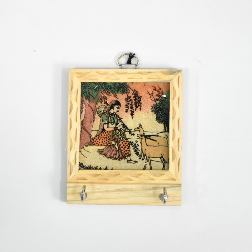 Rajasthani Lady Sitting Under Tree With Deer Theam Gemstone Painting Key Holder | Key Holder | Decor