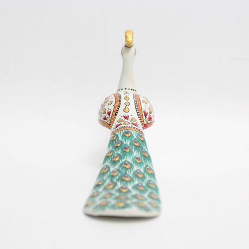 Small Handicraft Metal Peacock Green Colour Standing Jewellery Painting With Flower Design Showpiece