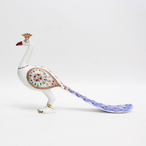 Green And Blue Metal Handicraft Meenakari Peacock With Long tail With Enamel Painting Showpiece