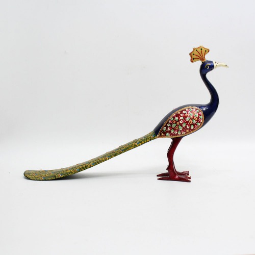 Blue Colour Metal Handicraft Meenakari Peacock with Long tail With Enamel Painting Showpiece