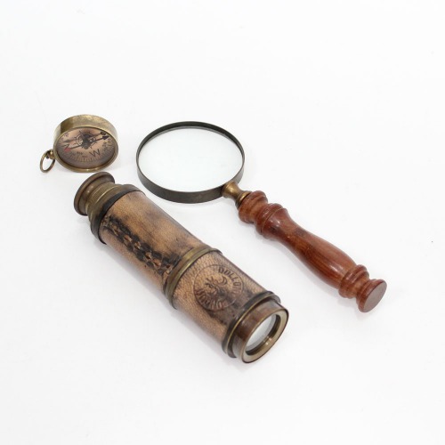 Capital International Magnifying Glass, Compass and Brass Telescope Antique Old World Maritime Navigation Set