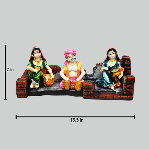 Polyresine Set of 3 Rajasthani Men With Table And Women With Makta Statue | Showpiece For Home Decor