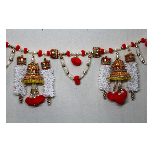 Pom Pom Toran with White Flower Gajra & Bell | Main Door Toran Online | Door Hanging Toran Online | For Diwali entrance decoration, Party, House Warming etc