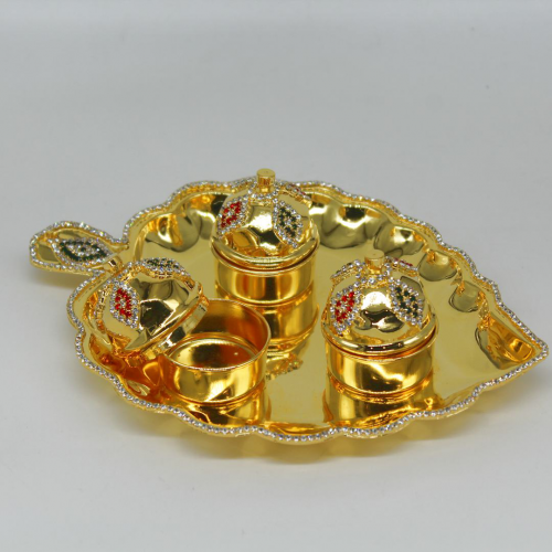 24K Gold Plated Brass Paan Haldi Kumkum Holder with Lid and Diamond border