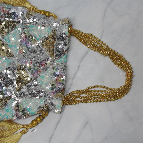 Shiny Net Women's Bag/ Potli with Golden Fringe Tassel