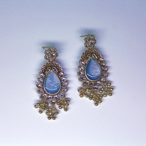 Oxidized Silver Jewellery Ghungru Earrings with Blue Kundan Stone in Drop Design for Women and Girls
