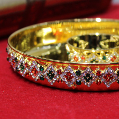 24K Gold Plated Brass Thali with Bowl and Diamond Design