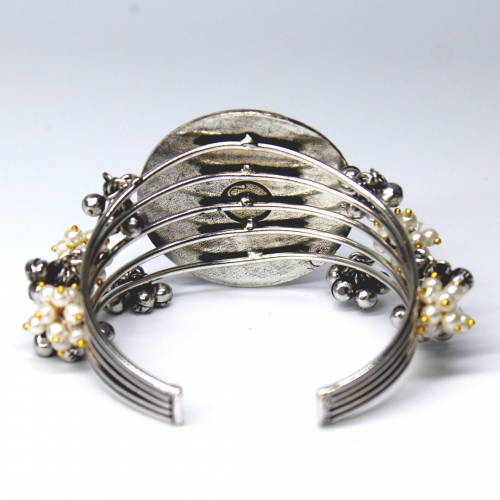 Oxidized Silver Ghungru Cuff Bracelet Traditional Kada Bangle with Moti Design For Women and Girls