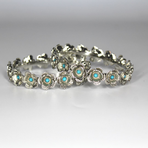Oxidized Silver Jewellery Bangle Set with Flower design and Blue Stone for Girls and Women