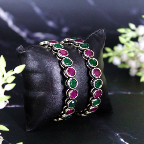 Oxidized Silver Jewellery Bangle Set with Green and Pink Kundan Stone for Girls and Women
